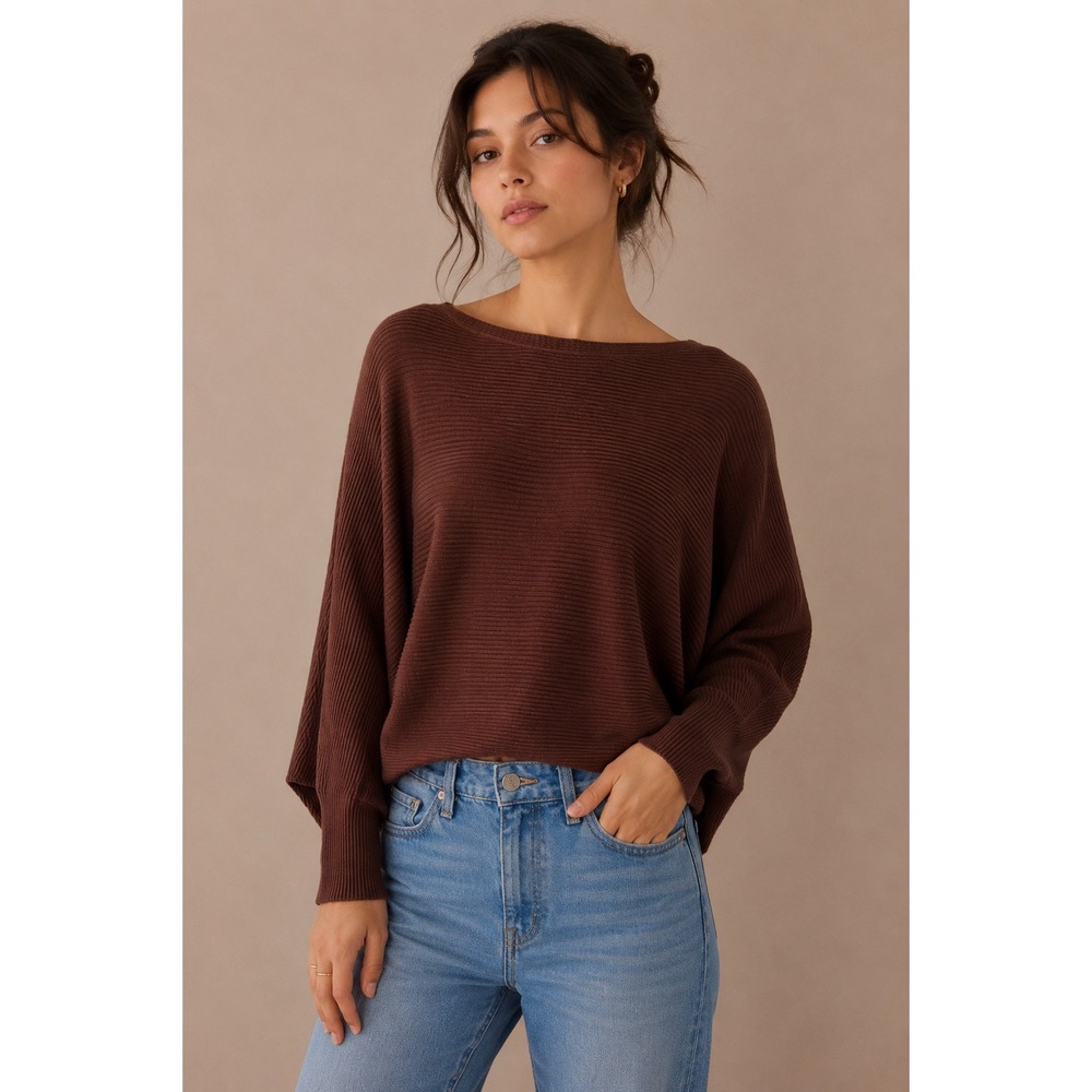 Lulu's Brown Ribbed Dolman Sleeve Boat Neck Knit Sweater Top Chocolate Brown